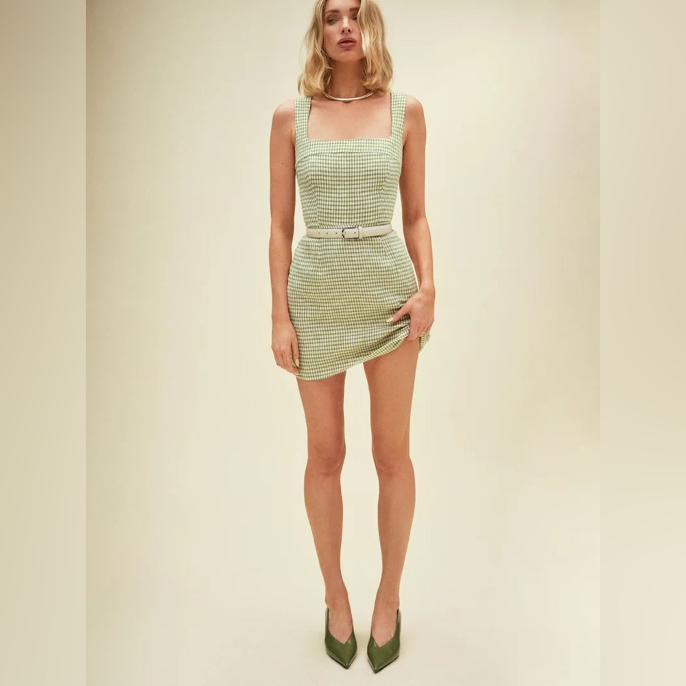 NWT Reformation Celosia linen dress size 10 avocado check (green/white)
